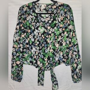 H&M Top Womens M Black Floral Button Up Shirt Long Sleeve Tie Waist Flows